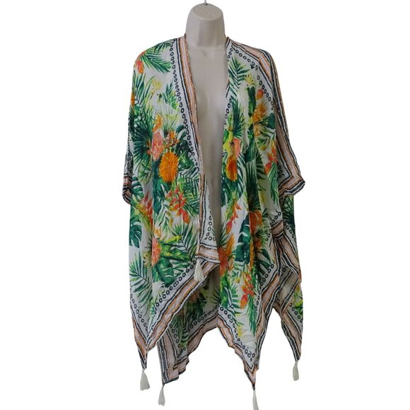 Vince Camuto Jackets & Blazers - Vince Camuto Tropical Floral Kimono Open Green Orange Women One Size Tassel